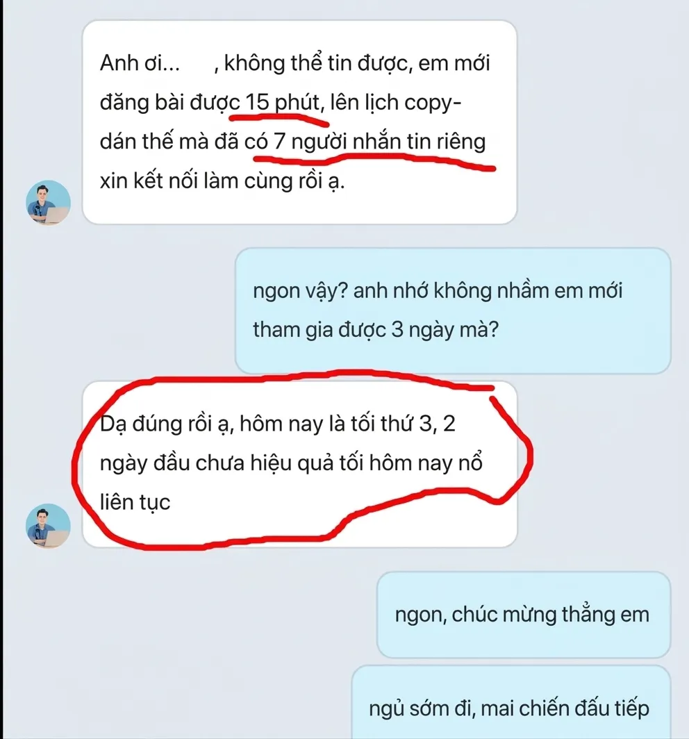 Tin nhắn học viên sau khi bật chuỗi đăng bài